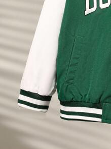 SHEIN Chaqueta ligera de estilo coreano informal para niños y niños pequeños con estampado de letra y gráfica, mangas de contraste, cuello de béisbol, frente abierto, adecuada para ir y venir, escuela, uso diario casual, vacaciones, deportes, primavera, verano, otoño e invierno, tipo bomber - Verde - Ver 4
