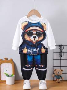 SHEIN 2pcs/Set Baby Boy Cartoon Bear Animal Pattern Casual Minimalist Long Sleeve Top And Long Pants Outfit, Suitable For Autumn - Multicolor - View 5