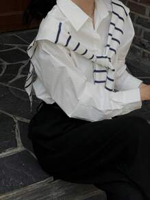 DAZY 女士条纹领带开衫针织毛衣，荷叶边