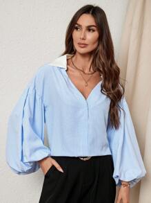 SHEIN Privé Women's Elegant Resort & Office Stylish Lantern Sleeve Button V-Neck Polka Dot Print White Shirt Old Money Quiet Luxury Fall Clothes Work Women Blouses Fall Blouses. White Collar Shirt
