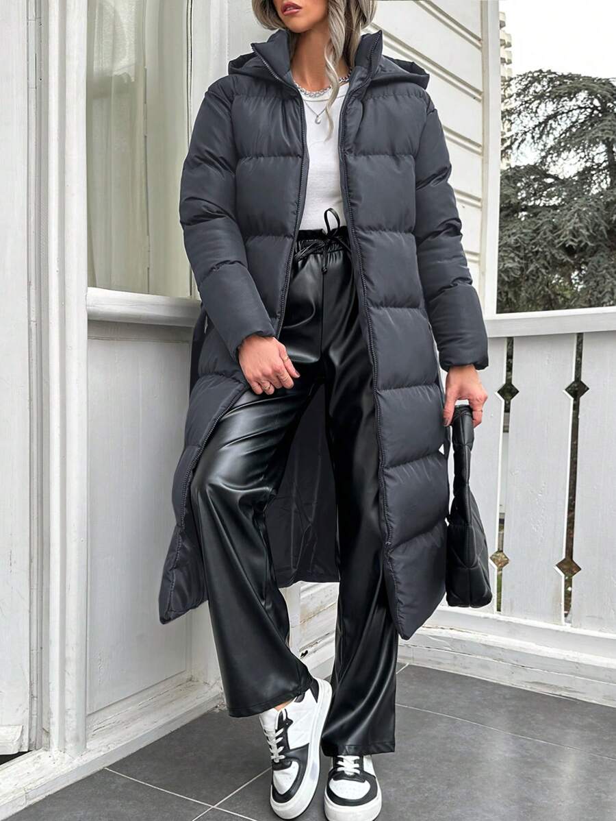 EURMUSE Women's Casual Solid Color Hooded Padded Coat, Winter - Dark Grey - View 1
