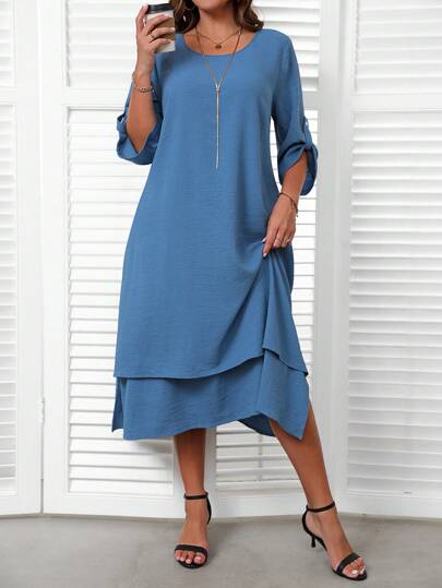 EMERY ROSE Plus Size Women's Solid Color Minimalist Casual Round Neck Long Sleeve Fall Dress