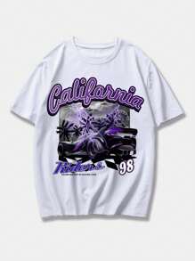 ROMWE MEN Street Life Men Car And Letter Graphic Tee, School - White - View 1