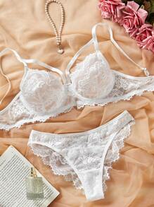 Crystal Vow 2pcs/Set Lace Underwire Sexy Bra And Panty Lingerie Set For Women - White - View 1
