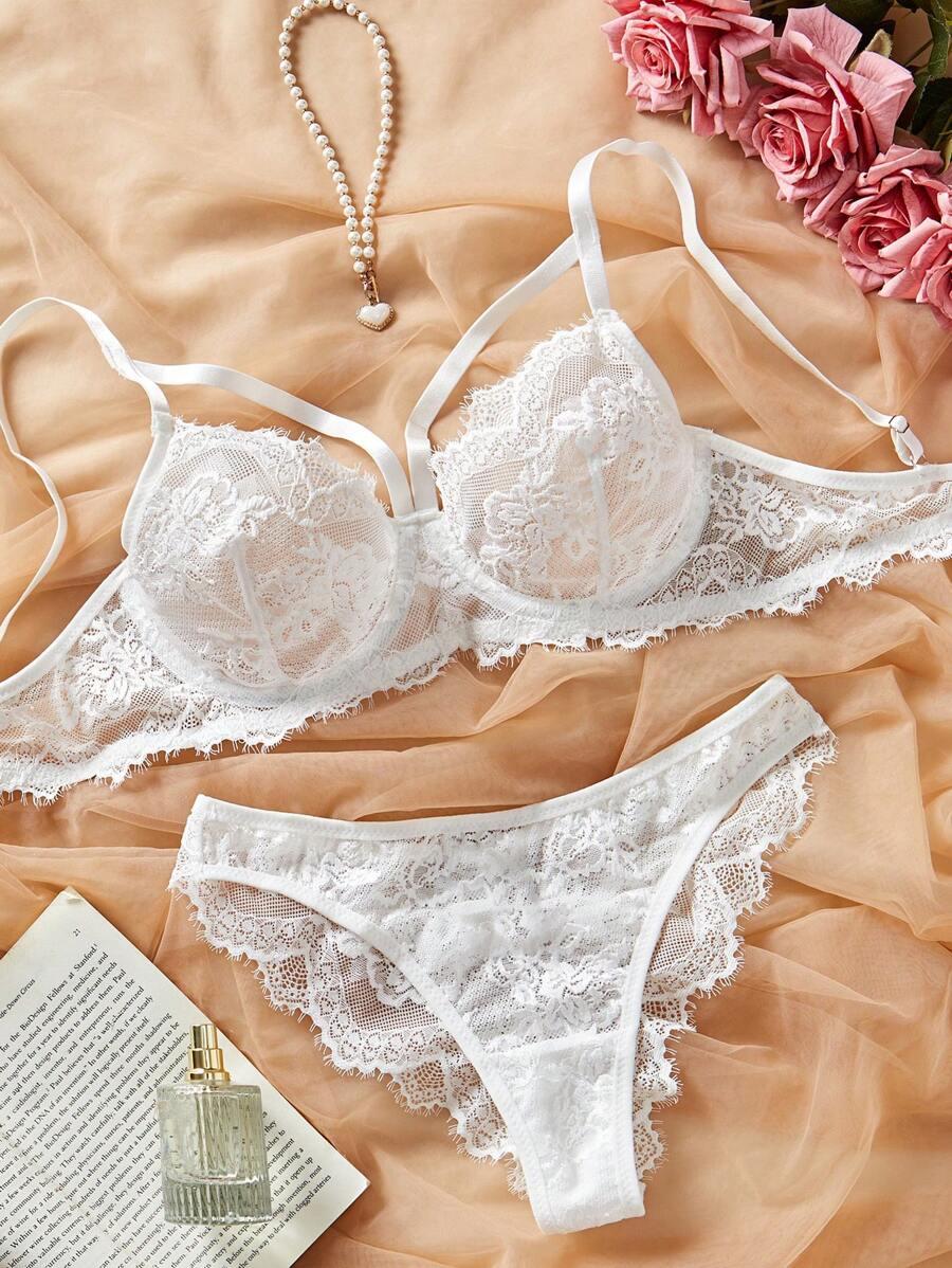 Crystal Vow 2pcs/Set Lace Underwire Sexy Bra And Panty Lingerie Set For Women - White - View 1