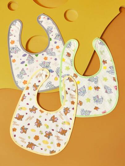 TOM & JERRY X SHEIN 3 件装可爱卡通印花纯棉婴儿围兜，适合流口水的婴儿