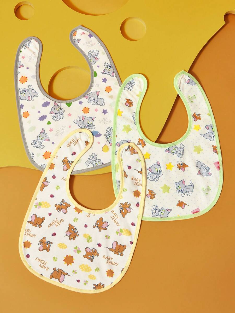 TOM & JERRY X SHEIN 3 件装可爱卡通印花纯棉婴儿围兜，适合流口水的婴儿 - 彩色 - 查看 1