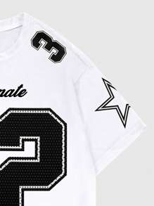 ROMWE MEN Prep Men's Summer Casual Letter Print Crew Neck Short Sleeve Football Jersey Style T-Shirt ,Graphic Tee
