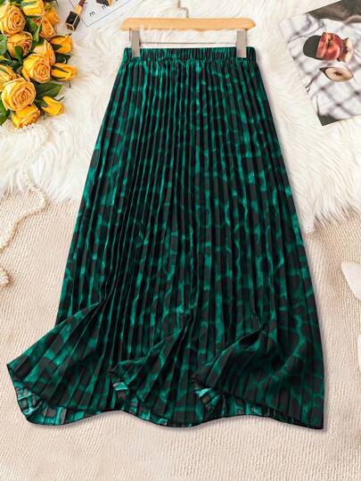 Franclia All-Over Print Elastic Waist Pleated Casual Vacation Skirt Maxi Women Outfit Fall Cloth For Women