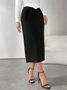 Modelyn Women's Black & White Patchwork Pleated Slimming Pencil Skirt - Black and White - View 3