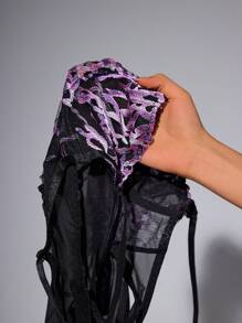 SHEIN 女士全身印花透明网眼镂空无袖连身裤 - 紫色 - 查看 8