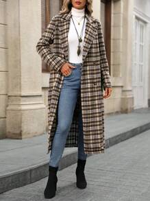 EMERY ROSE Abrigo de mezcla de punto casual largo con cuello de solapa, de manga larga a cuadros, para otoño e invierno, para mujer