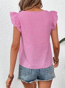 SHEIN VCAY Vacation Checkered Woven Cap Sleeve Square Neck Regular Fit Women's Shirt - Pink - View 4