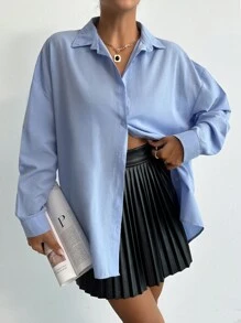 Cottnline 1pc Solid Drop Shoulder Button Front Shirt - Baby Blue - View 4