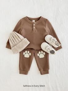 Cozy Pixies 2pcs Baby Boy Solid Color Knit Soft Crew Neck Long Sleeve Half-Open Pullover Top And Elasticated Waist Pants Set - Brown - View 1