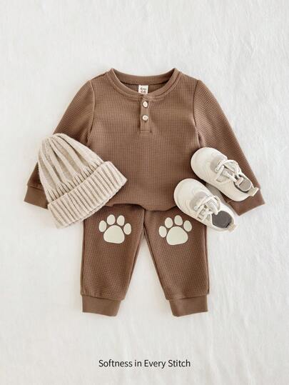 Cozy Pixies 2pcs Baby Boy Solid Color Knit Soft Crew Neck Long Sleeve Half-Open Pullover Top And Elasticated Waist Pants Set