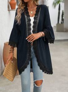 SHEIN LUNE Áo khoác nhẹ tay giữa mùa hè cho nữ, áo len cardigan, viền hoa, tay áo tương phản, viền cong - Màu xanh hải quân - Xem 1