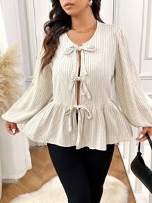 SHEIN Frenchy Áo sơ mi babydoll thắt nơ sọc cỡ lớn thường ngày - Màu be - Xem 4