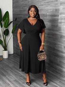 Slaydiva Vestido midi tipo A con fruncidos, cuello cruzado y mangas con volantes para mujer talla grande, elegante y para fiestas y uso diario - C - Negro - Ver 6