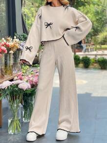 EURMUSE Set casual 2 buc pentru femei: pulover cu gât rotund și pantaloni tricotați, toamnă și iarnă - Bej - Vizualizare 3
