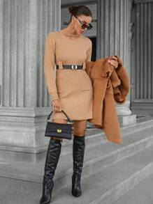 Aveloria Robe-pull en tricot mi-mollet avec manches lanterne ajourées, double poche et ceinturée pour femmes
