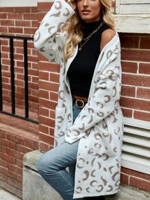 Chiquease Women's Leopard Print Drop Shoulder Long Sleeve Pocket Loose Casual Cardigan