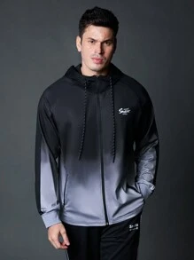 Manfinity Running Boyfriend Style Men Ombre Color Letter Print Raglan Sleeve Hooded Sports Jacket, Spring Autumn Training Top Sports Jacket