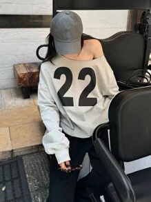 INAWLY 女式不对称领、长袖、宽松图案印花运动衫，秋冬季 - 灰色 - 查看 1