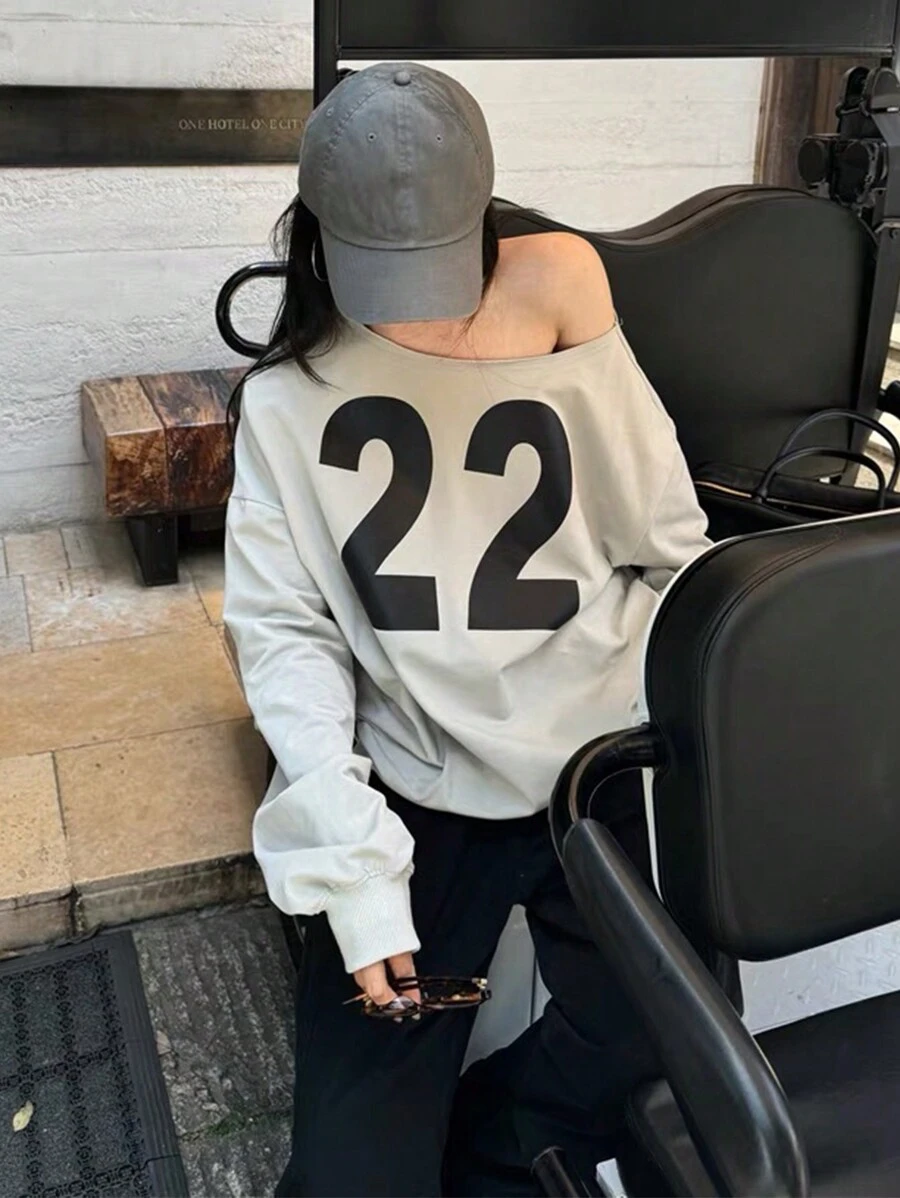 INAWLY 女式不对称领、长袖、宽松图案印花运动衫，秋冬季 - 灰色 - 查看 1