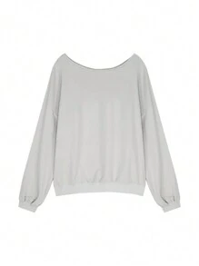 INAWLY 女式不对称领、长袖、宽松图案印花运动衫，秋冬季 - 灰色 - 查看 2