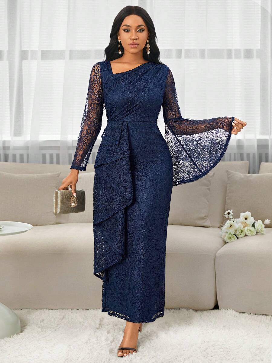 SHEIN Lady Four Season Wedding Guest Dress Elegant Lace Asymmetrical Neckline Bell Sleeves Ruffled Trim Slim Fit Women's Dress - Navy Blue - View 1