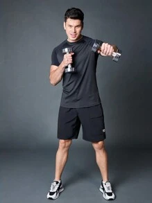 Manfinity Fitness Pantalones cortos deportivos de estilo novio con estampado simple, pantalones de chándal de verano, pantalones cortos negros - Negro - Ver 3
