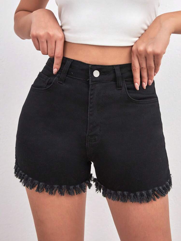 RueChic 原始下摆白色迷你短开衩细节，黑色牛仔短裤，黑色牛仔短裤 - 黑色 - 查看 4