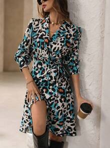 Aveloria French Elegant Floral And Leopard Print Wrap Asymmetrical Hem Midi Dress With Cinched Waist, Long Sleeve