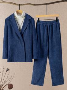 EMERY ROSE 2 件套女士西装外套和裤子套装，纯色翻领长袖春秋装 - 藍色 - 查看 7