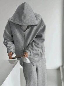 Manfinity Dauomo 2 件套男士休闲纯色连帽夹克和裤子套装 - 灰色 - 查看 3