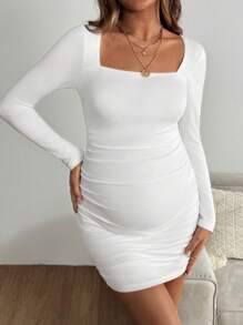 SHEIN Maternity Solid Color Scoop Neck Long Sleeve Dress - White - View 5