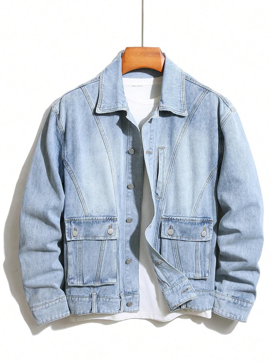 Manfinity Homme Men's Button-Up Long Sleeve Fashionable Streetwear Denim Jacket - Light Wash - View 1