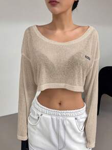 DAZY 女士休闲宽松字母印花短款上衣，春夏 - 杏色 - 查看 1