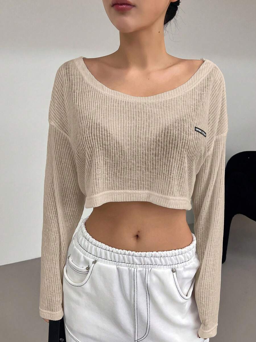 DAZY 女士休闲宽松字母印花短款上衣，春夏 - 杏色 - 查看 1