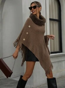 Aveloria Modichic Asymmetric Hem Cardigan With Fur Collar & Tassel Button - Coffee Brown - View 1