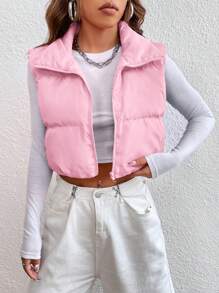 CovetEZ Women's Solid Color Zip-Front Short Padded Vest Jacket, Winter - Pink - View 3