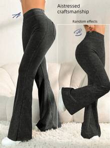 Easithlete Women High Waist Flared Jeans Style Yoga Pants, With Pockets For Workout Running Fitness Commute, Butt Lifting (Random Distressed Effect) - Black - View 3