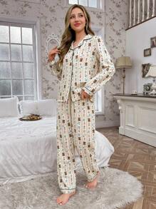 CottageSlumber Conjunto de ropa de dormir con camisa con cuello vuelto y pantalones con estampado de oso y floral, con ribete de color block para mujer