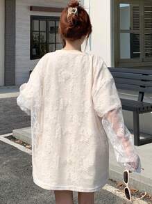 DAZY Camiseta de mujer de cuello redondo 2 en 1 con encaje, camiseta gráfica casual de verano de manga larga para mujer - Beis - Ver 2