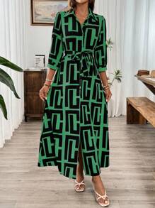 SHEIN Clasi Brown Graphic Print 3/4 Sleeve Maxi Button-Down Dress - Green - View 4