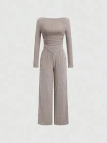 SHEIN Unity Chất rắn Xù Viền không đối xứng Áo thun & Quần ống rộng - Màu be - Xem 1