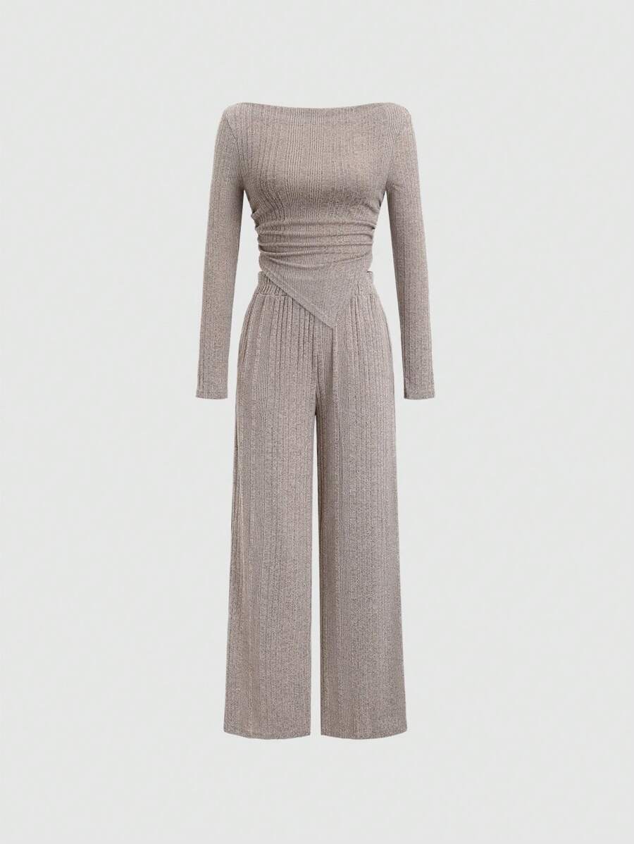 SHEIN Unity Chất rắn Xù Viền không đối xứng Áo thun & Quần ống rộng - Màu be - Xem 1