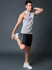 Manfinity Running 男友风男士简约印花无袖健身 T 恤和背心透气 - 灰色 - 查看 5