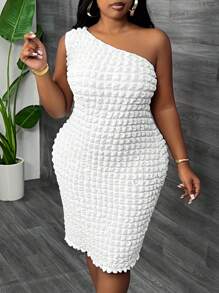 Slaydiva Plus Size Casual Asymmetric Shoulder Fitted Mini Dress, White Bubble Texture, Spring/Summer,Graduation Dress - White - View 3